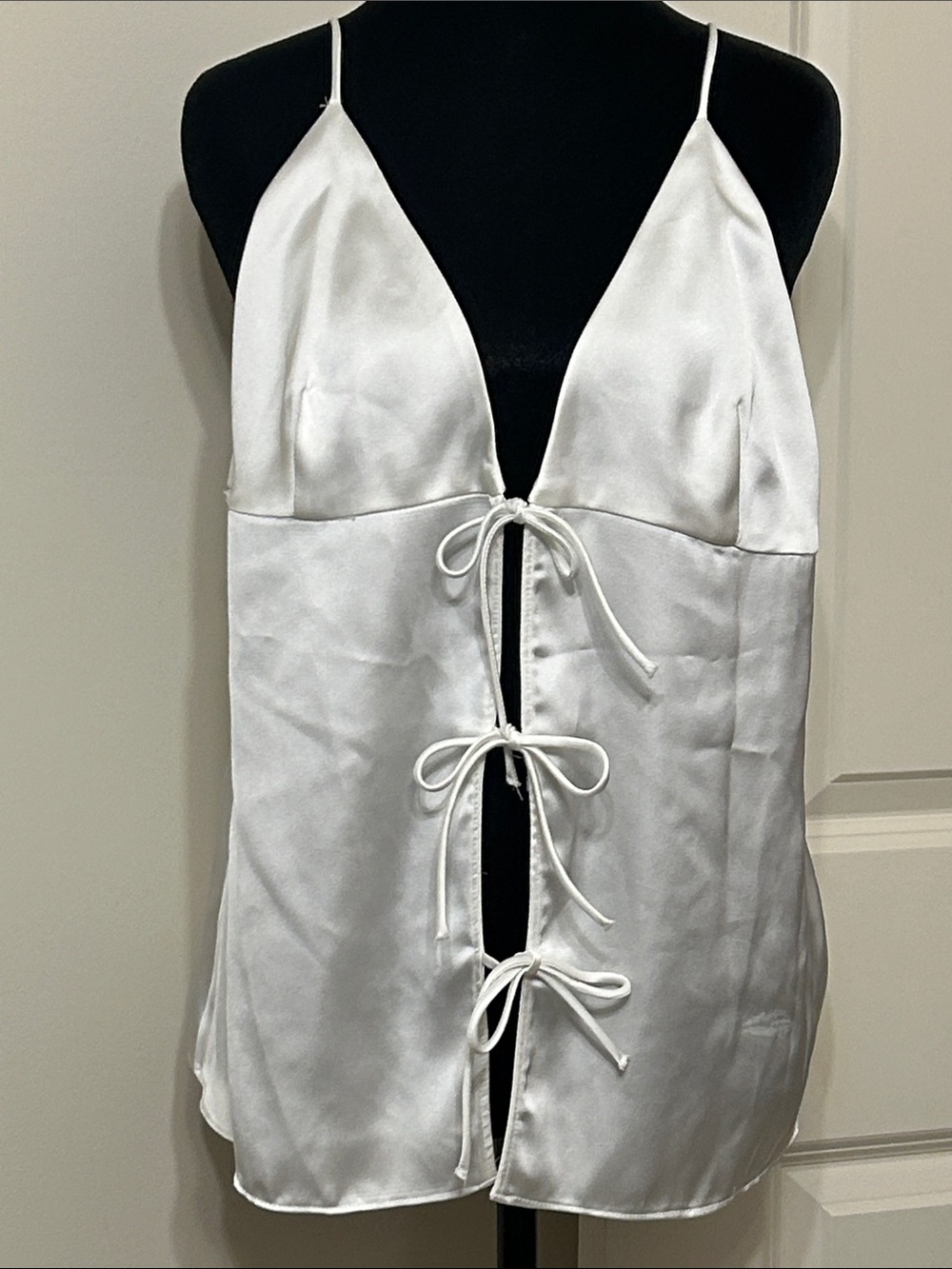 Zara White Sateen Polyester Tie-Front Cami Top